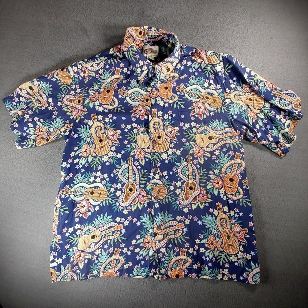 Reyn Spooner Art of Eddy Y Hawaiian Shirt Mens L Guitar Print Aloha Rayon
